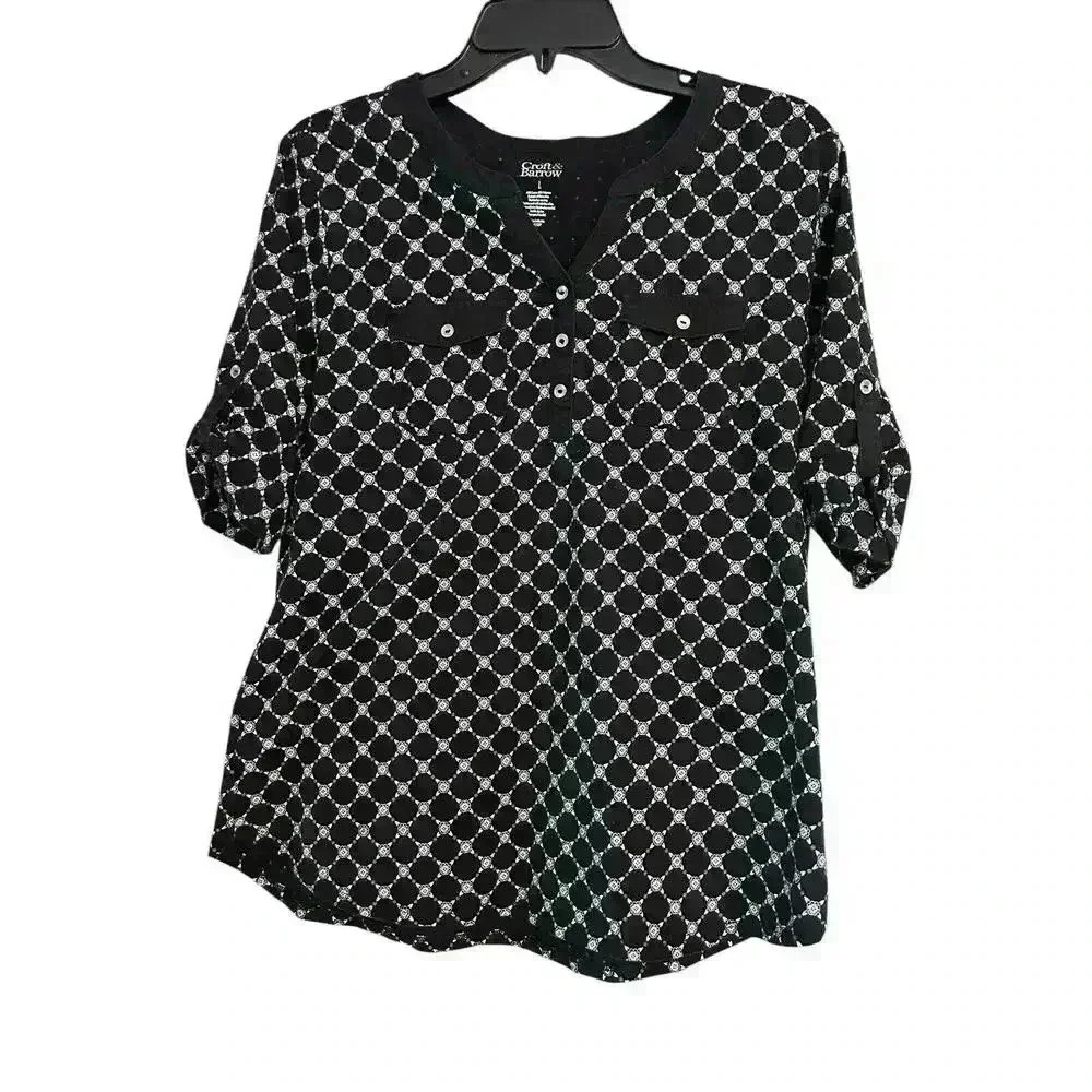 Croft & Barrow Shirt Womens L Black Short Sleeve Abstract Floral V Neck